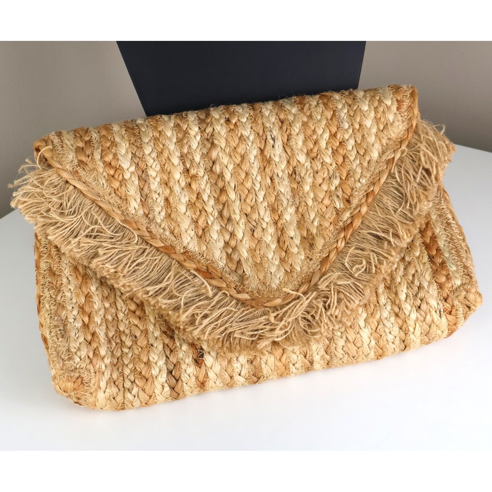 Shiraleah Chicago Jute Woven Striped Envelope Clutch Bag Tan Fringe Boho Summer